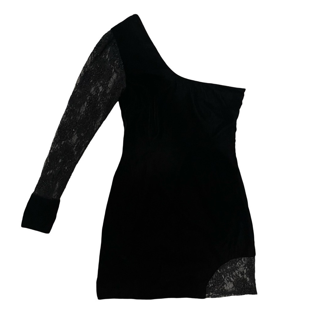 Retrofete | One Sleeve Mini Dress with Lace in Black Velvet - Size Small (New) - Picture 4 of 8